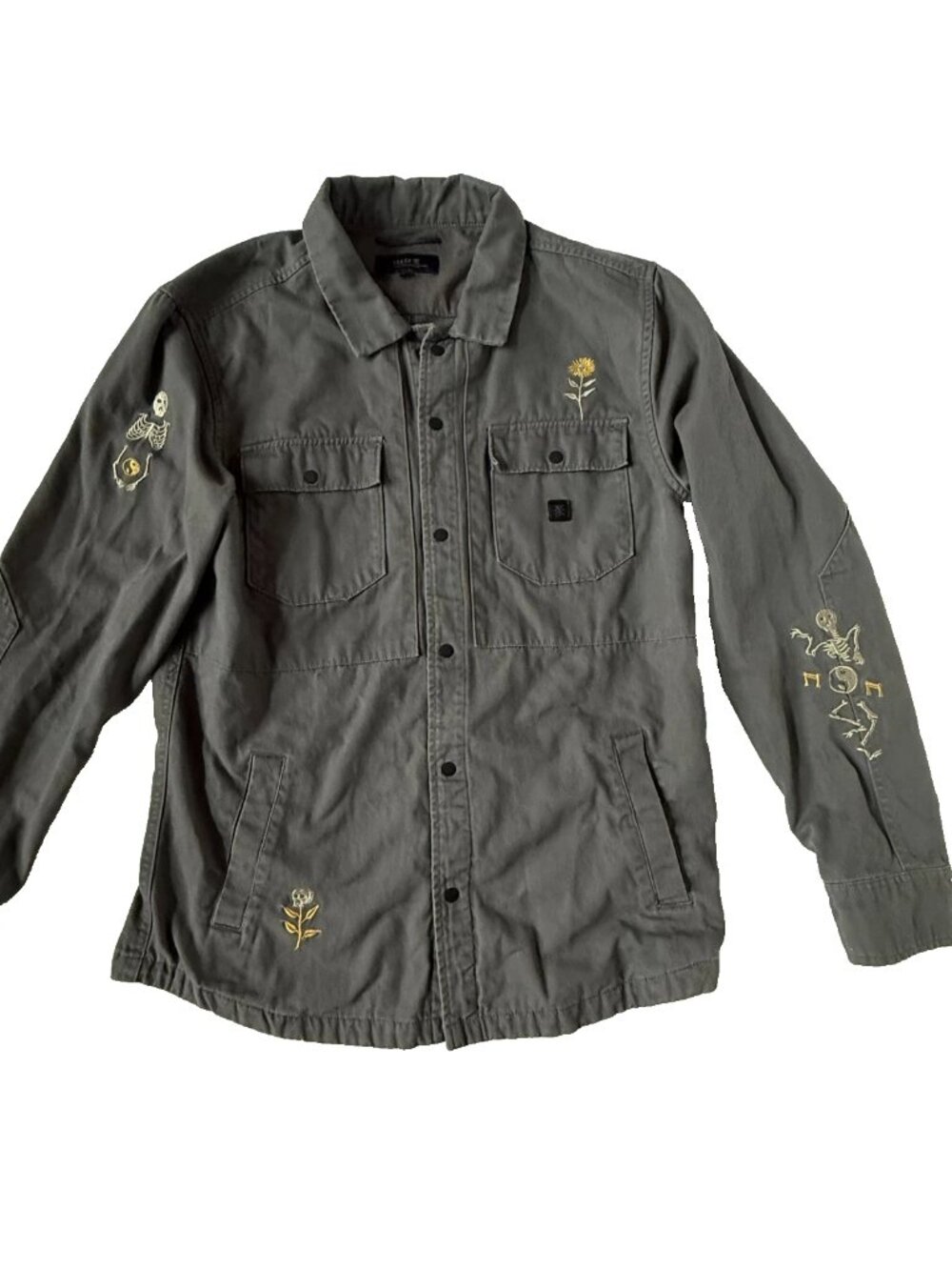 Roark Mens S Snap Button Gray Shacket Embroidered Skulls Flower Hebrides Unlined